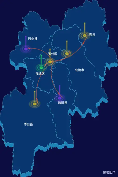 echarts玉林市地区地图geoJson数据-飞线图